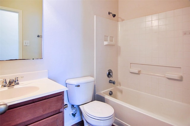 full bath featuring vanity, bathtub / shower combination, and toilet