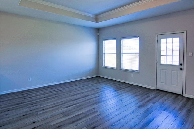 empty room featuring a healthy amount of sunlight, dark wood-type flooring, a raised ceiling, and crown molding