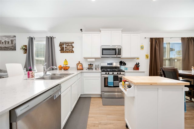 kitchen with white cabinetry, a healthy amount of sunlight, light hardwood / wood-style floors, and appliances with stainless steel finishes