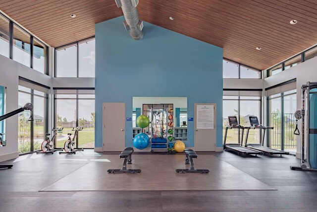 workout area featuring high vaulted ceiling and wooden ceiling