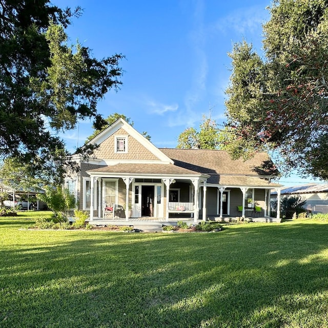 back of house featuring a porch and a yard