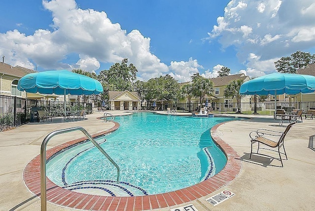 view of swimming pool featuring a patio