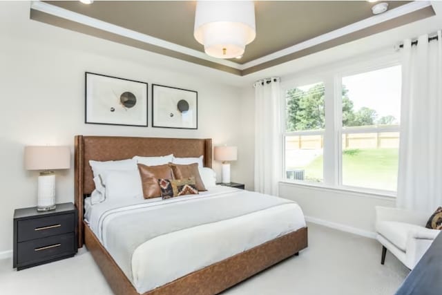 carpeted bedroom with a raised ceiling