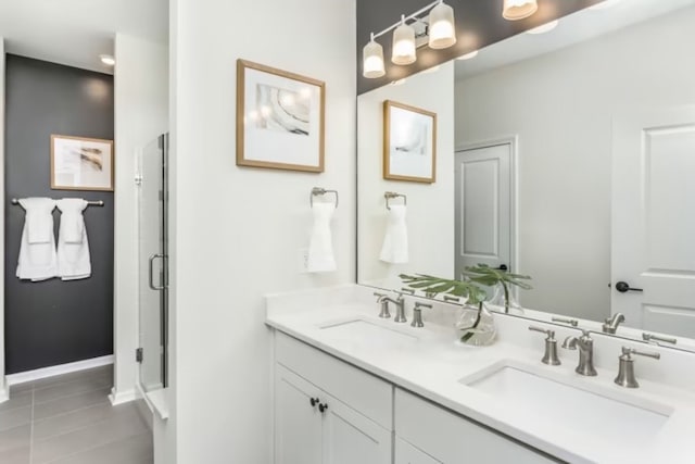 bathroom with tile patterned flooring, vanity, and walk in shower