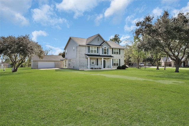 view of front of home with covered porch, a garage, and a front lawn