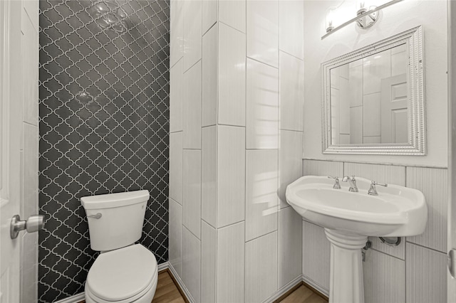 bathroom featuring wood-type flooring, toilet, and sink