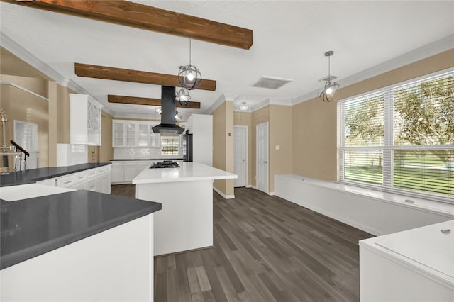 kitchen with island exhaust hood, pendant lighting, dark hardwood / wood-style floors, and white cabinetry