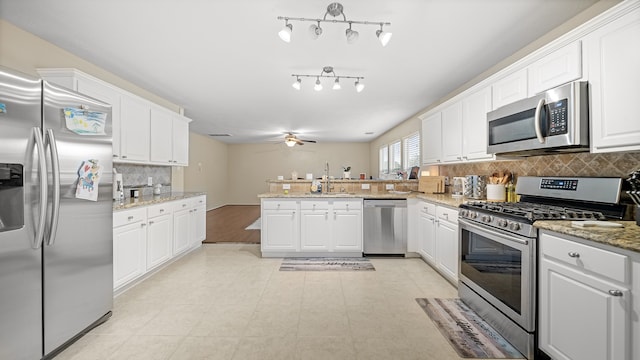 kitchen with white cabinetry, sink, ceiling fan, kitchen peninsula, and appliances with stainless steel finishes