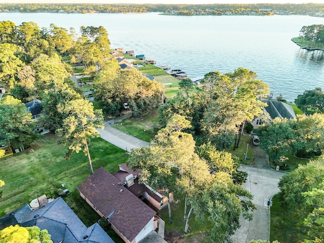 drone / aerial view with a water view