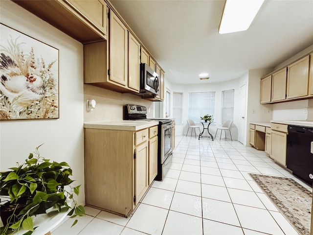 kitchen with electric range, dishwasher, light tile patterned floors, and light brown cabinetry