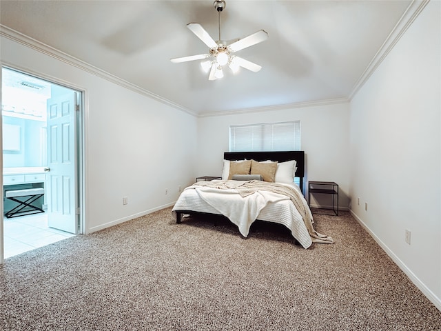 carpeted bedroom featuring ceiling fan, access to exterior, and crown molding