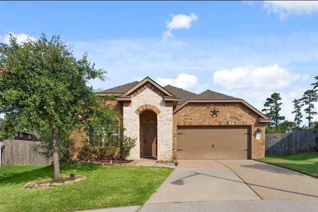 view of front of house with a front yard and a garage