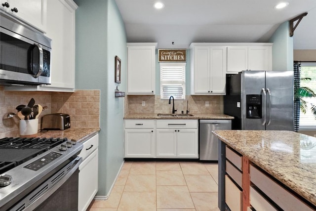 kitchen with white cabinets, decorative backsplash, sink, and stainless steel appliances