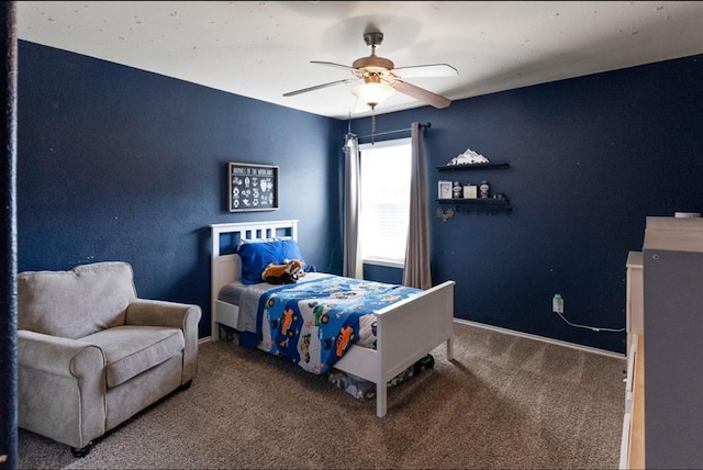 bedroom featuring carpet flooring and ceiling fan