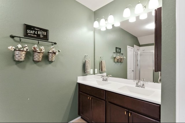 bathroom featuring vanity, vaulted ceiling, and walk in shower