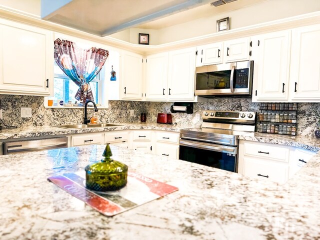 kitchen with decorative backsplash, white cabinetry, sink, and appliances with stainless steel finishes