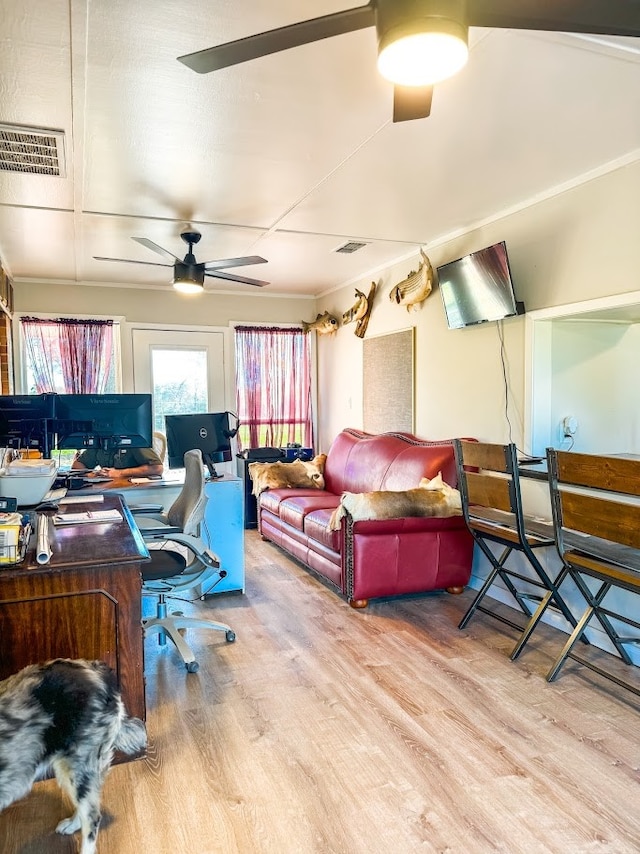 office area featuring ceiling fan and wood-type flooring