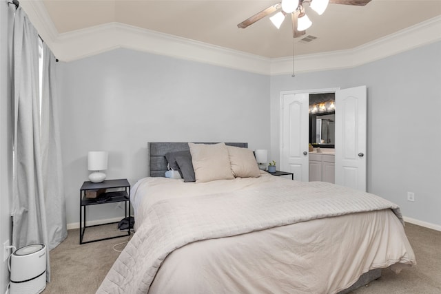 bedroom featuring ceiling fan, ornamental molding, and light carpet