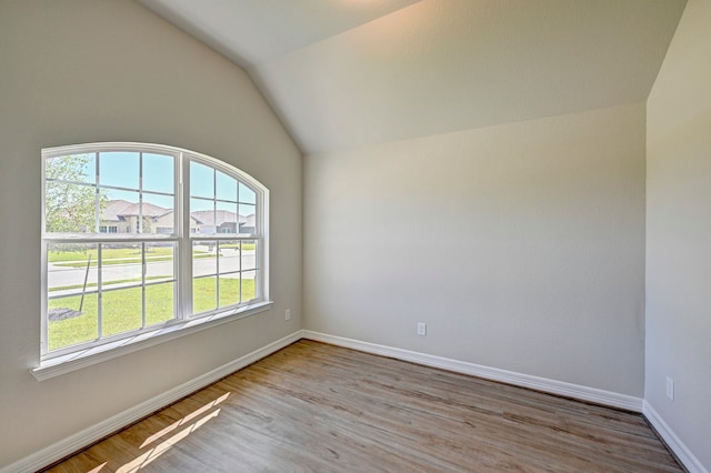 empty room with lofted ceiling, a healthy amount of sunlight, and light wood-type flooring