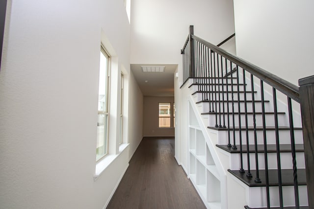 staircase featuring wood-type flooring and a towering ceiling