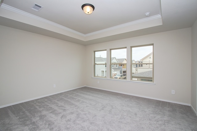 empty room with carpet floors, crown molding, and a tray ceiling