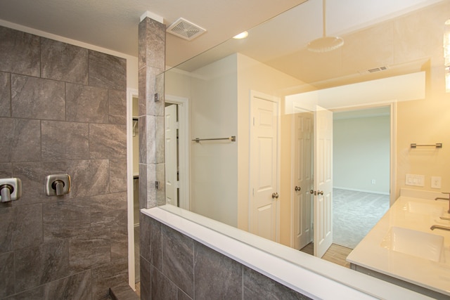 bathroom with a tile shower and sink