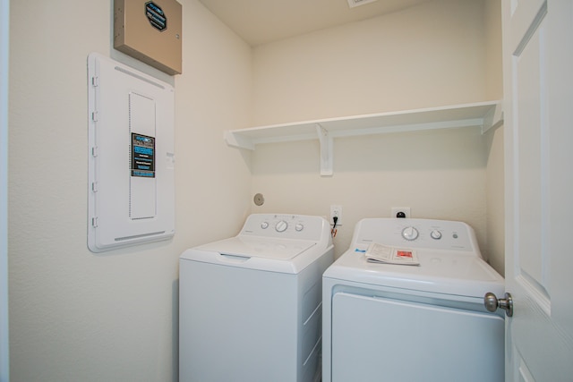 clothes washing area featuring washer and dryer and electric panel