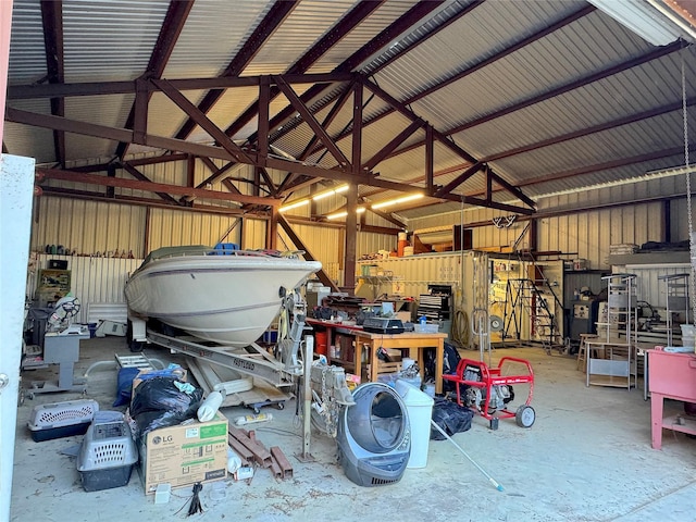 garage with a workshop area