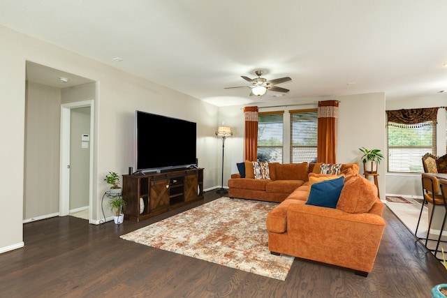 living room with ceiling fan and dark hardwood / wood-style flooring