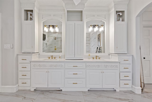 bathroom featuring vanity, crown molding, and walk in shower