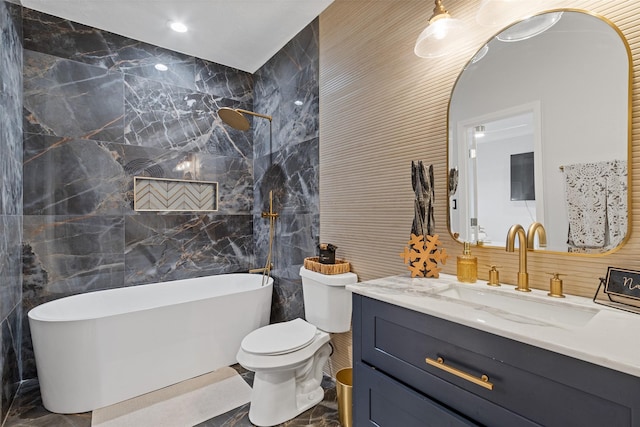 bathroom featuring toilet, tile walls, and a bathing tub