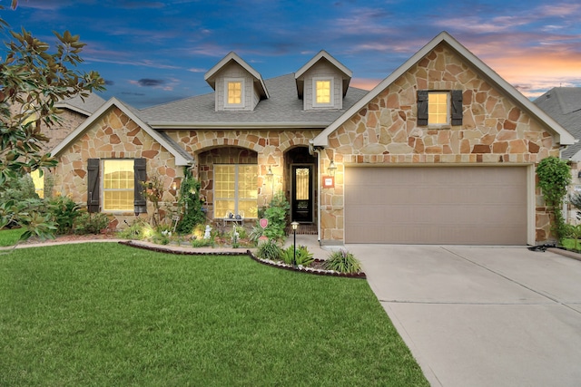 view of front facade featuring a yard and a garage