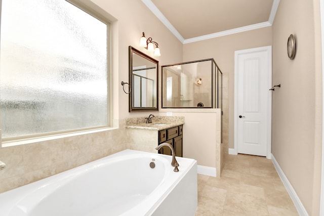 bathroom with ornamental molding, separate shower and tub, and a healthy amount of sunlight