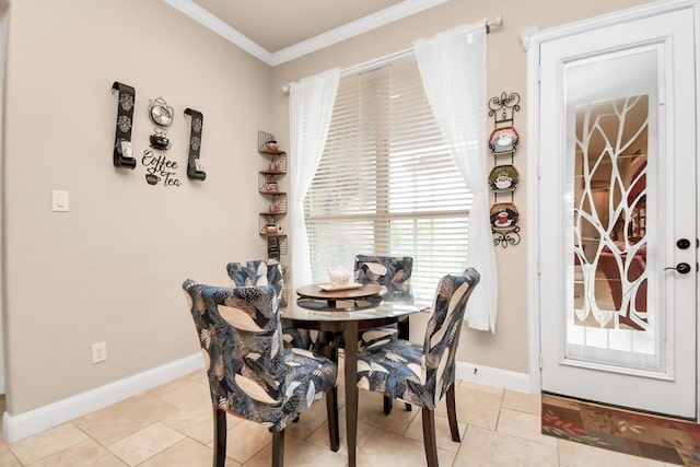 tiled dining room with crown molding