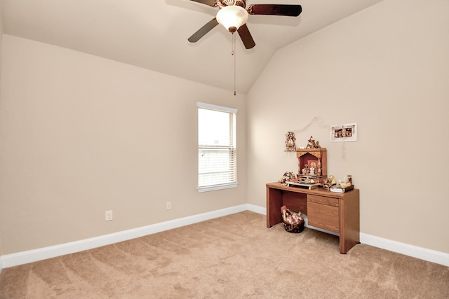 interior space with ceiling fan and lofted ceiling