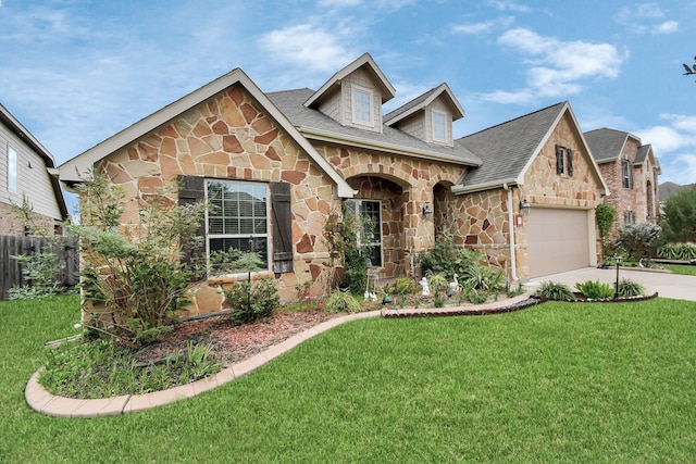 view of front facade featuring a front yard and a garage