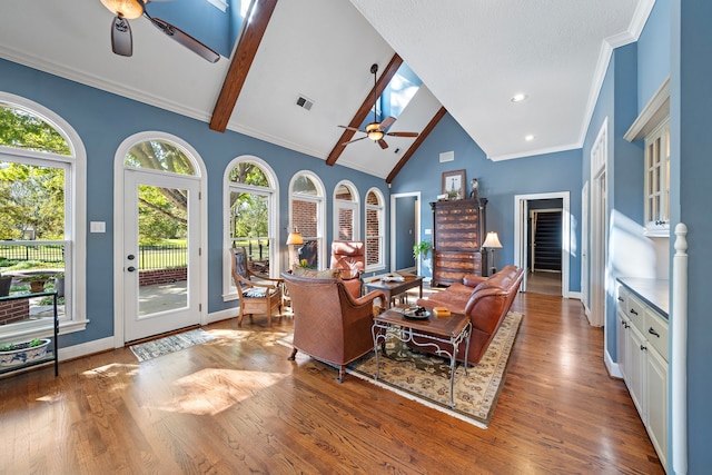 living room featuring hardwood / wood-style floors, ceiling fan, beam ceiling, and high vaulted ceiling