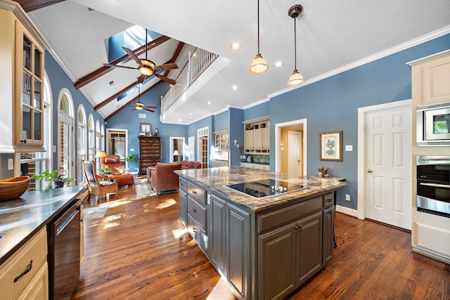 kitchen with high vaulted ceiling, dark hardwood / wood-style floors, gray cabinets, appliances with stainless steel finishes, and ornamental molding