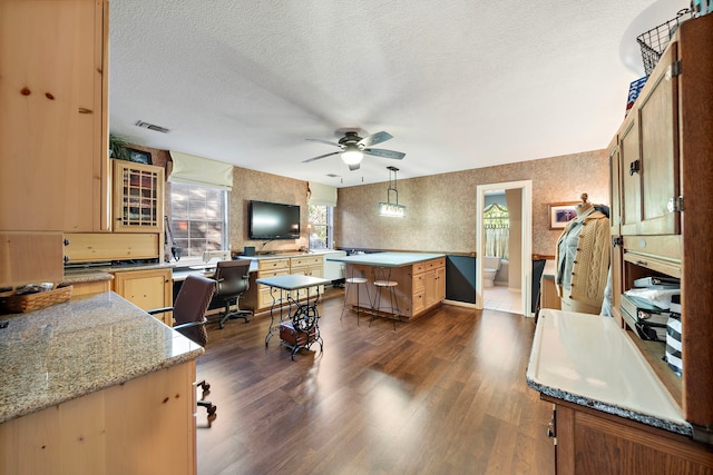 office area featuring ceiling fan, dark hardwood / wood-style flooring, and a textured ceiling