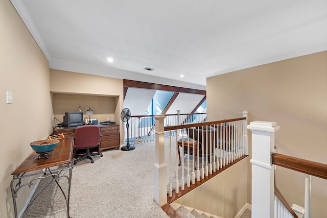 carpeted office with ornamental molding