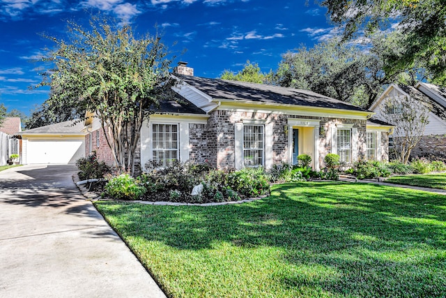 view of front of property with a garage and a front lawn