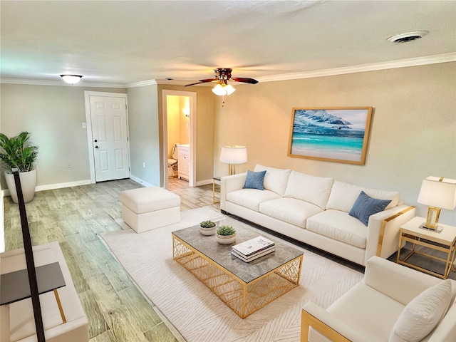 living room with wood-type flooring, ceiling fan, and crown molding