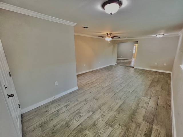 unfurnished room with ceiling fan, ornamental molding, and light hardwood / wood-style flooring