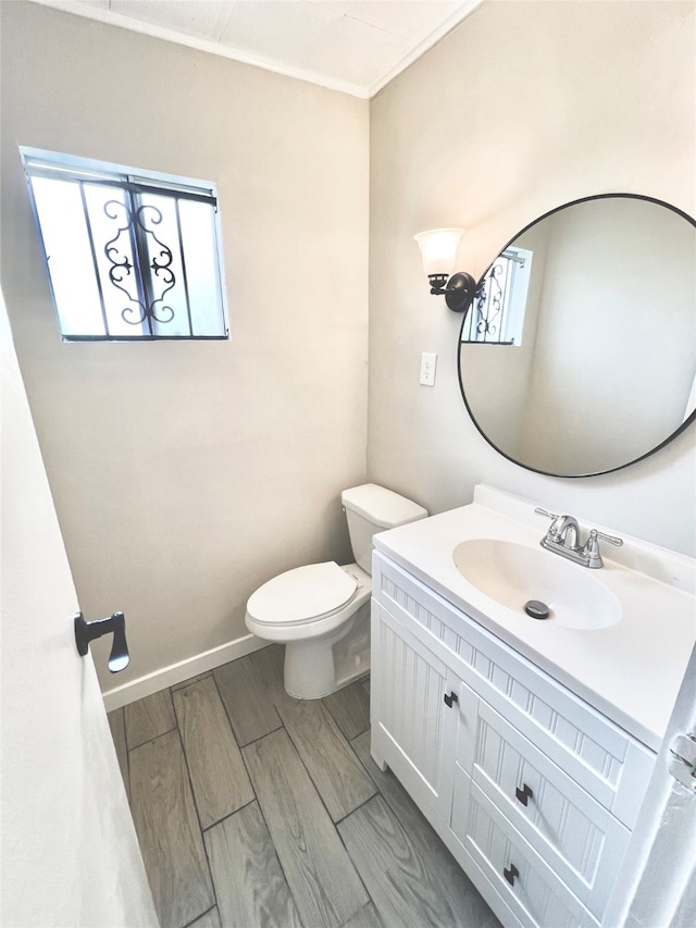 bathroom featuring vanity, wood-type flooring, and toilet