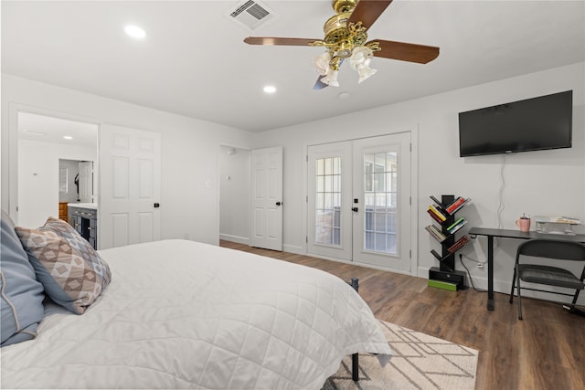 bedroom featuring access to outside, ceiling fan, dark hardwood / wood-style flooring, and french doors