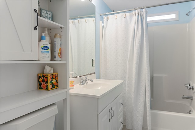 bathroom with vanity and shower / bathtub combination with curtain