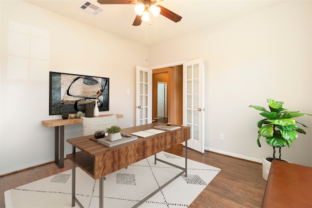 office space with ceiling fan, french doors, and wood-type flooring