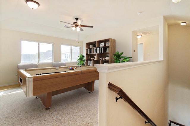 game room featuring ceiling fan and light colored carpet