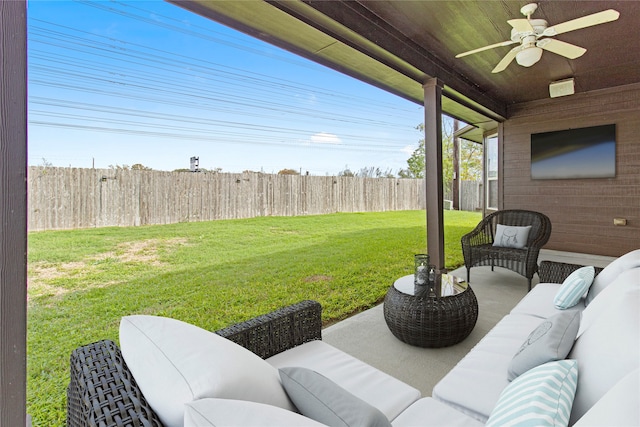 view of patio featuring ceiling fan and an outdoor living space