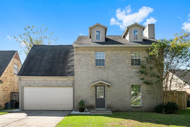 colonial-style house with a garage and a front lawn